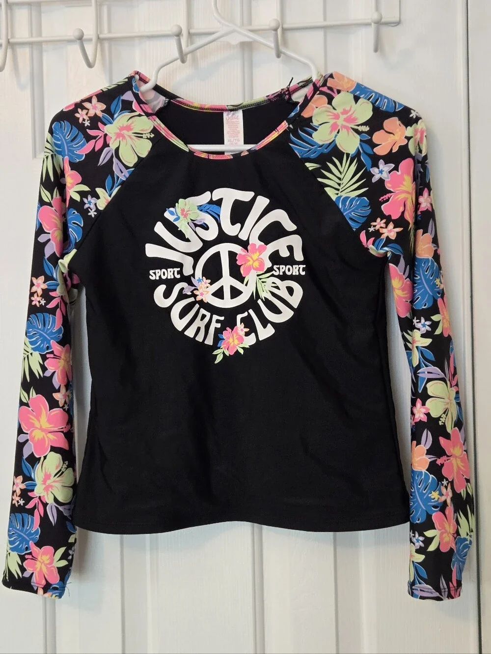 Justice Black Floral Rash Guard Swim Shirt Long Sleeve Size XL